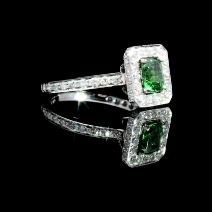 Emerald Cut Green Tsavorite Garnet Diamond Halo Ring Perth | Brinkhaus Jewellers